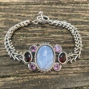 Blue Lace Agate Amethyst & Garnet Woven Link Toggle 925 Sterling Silver Bracelet